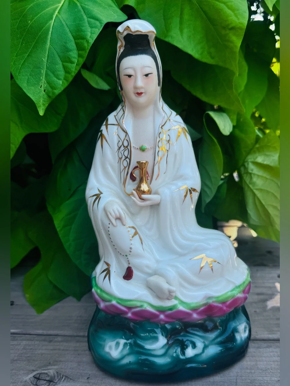 Vintage White and Gold Porcelain Guanyin Figurine - Home Accents